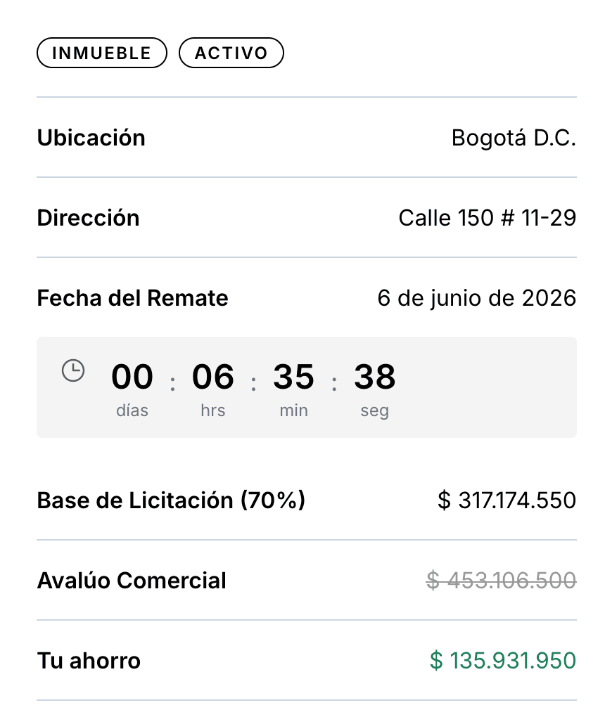 Ficha de remate con datos de avalúo, precio y documentos